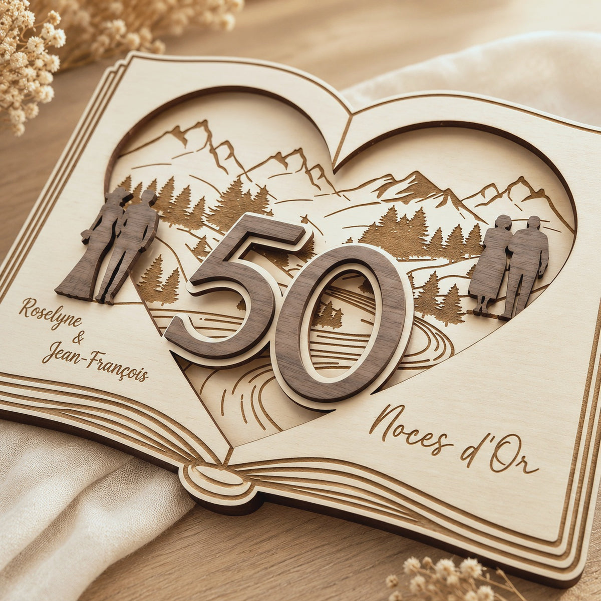 Tableau en bois Noces d'Or sur mesure