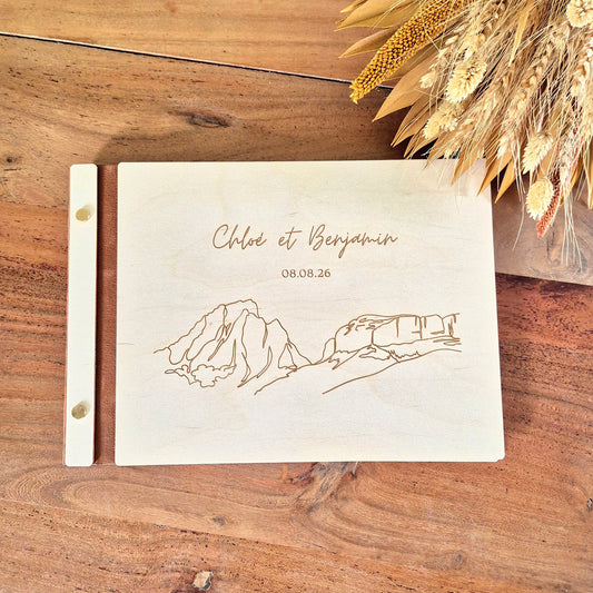 Livre d'or en bois personnalisé sur mesure mariage - Montagnes minimalistes