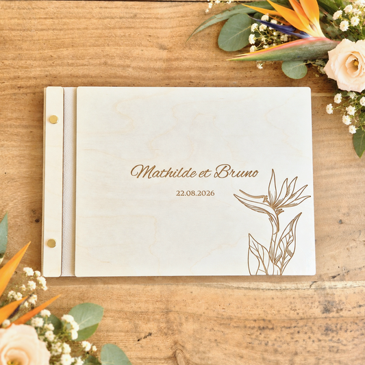 Livre d'or en bois personnalisé sur mesure - Fleur oiseau du paradis