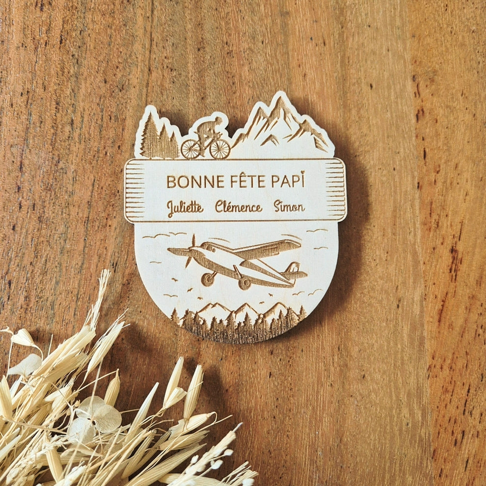 Maxi magnet en bois personnalisé vélo et avion - Cadeau Papy, Papa, Tonton, Parrain...