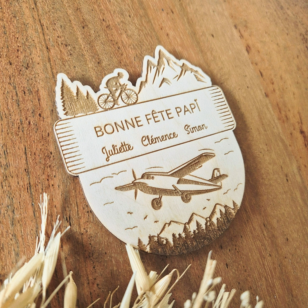 Maxi magnet en bois personnalisé vélo et avion - Cadeau Papy, Papa, Tonton, Parrain...