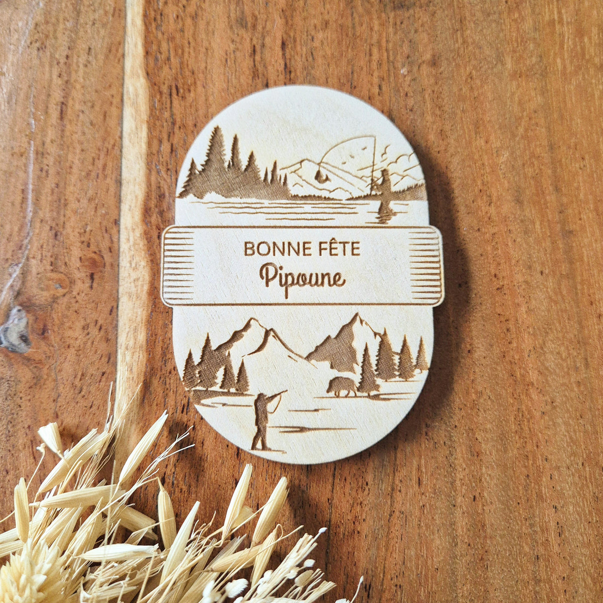 Maxi magnet en bois personnalisé pêche et chasse - Cadeau Papy, Papa, Tonton, Parrain...