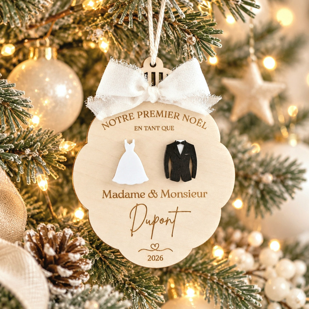 Suspension de Noël en bois personnalisée - Cadeau jeunes mariés
